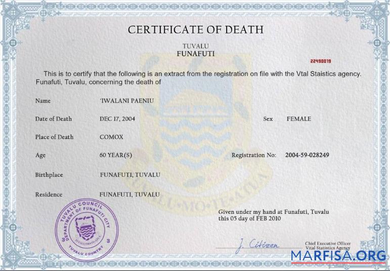 Blank Tuvalu vital record death certificate PSD template